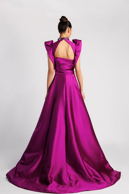 Plunging Ruffle-Shoulder Overskirt Gown