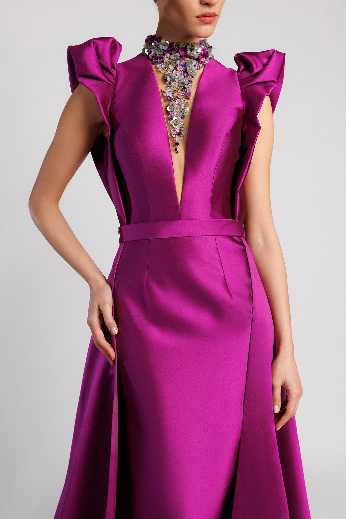 Plunging Ruffle-Shoulder Overskirt Gown