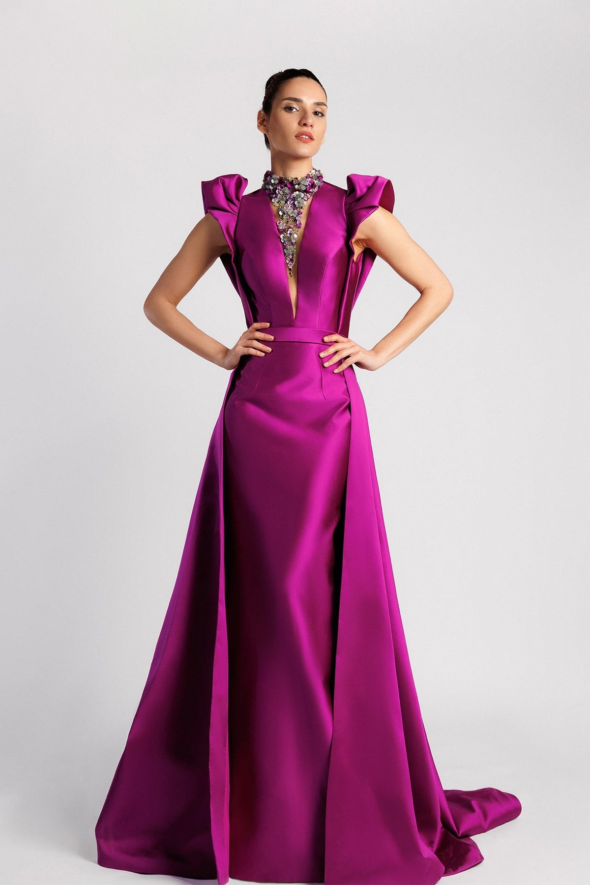 Plunging Ruffle-Shoulder Overskirt Gown