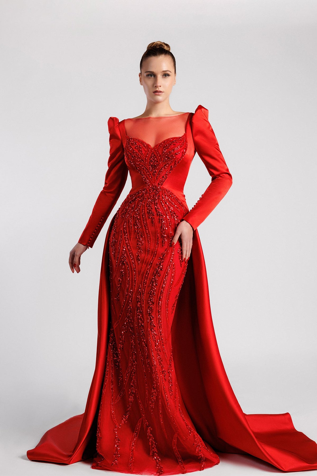 Long Sleeve Cady and Tulle Gown