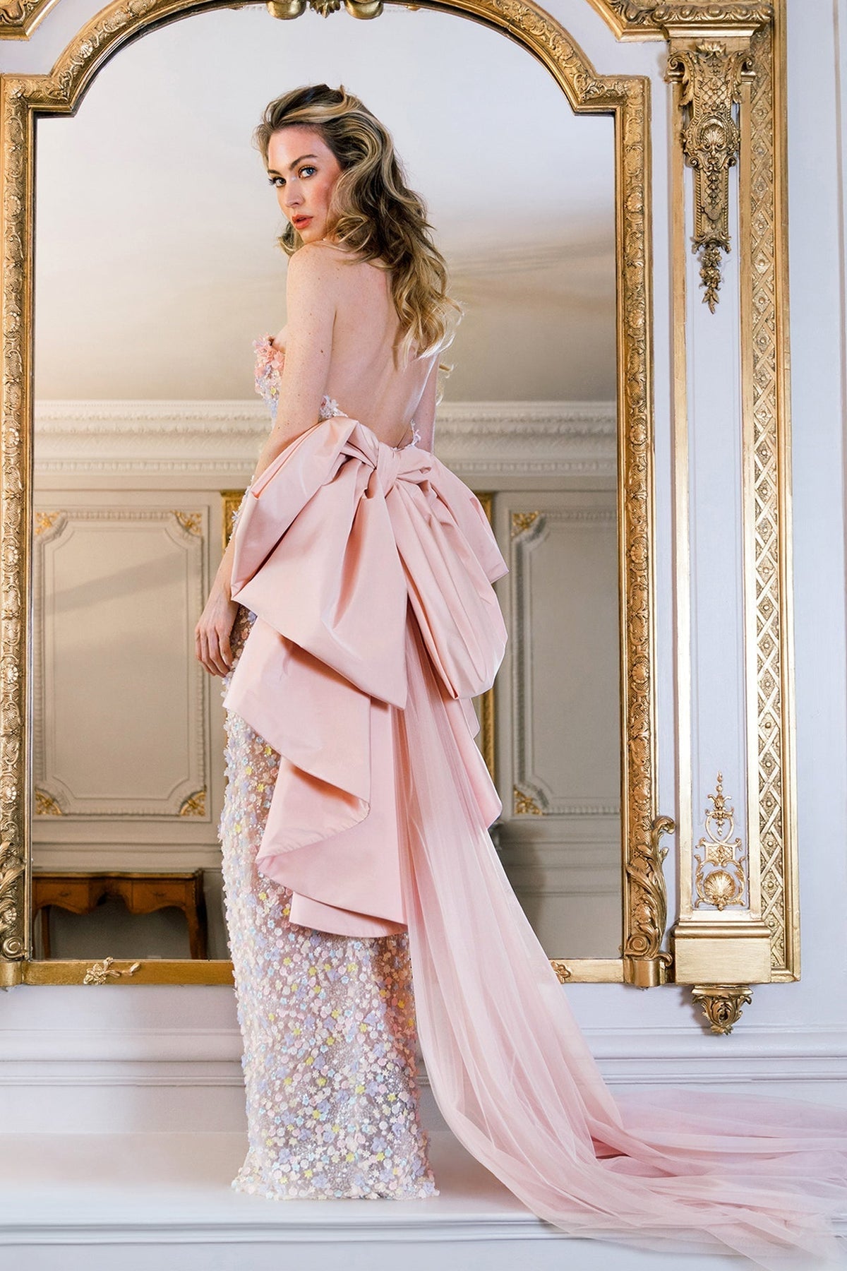 Bow-Back Floral Appliqué Gown