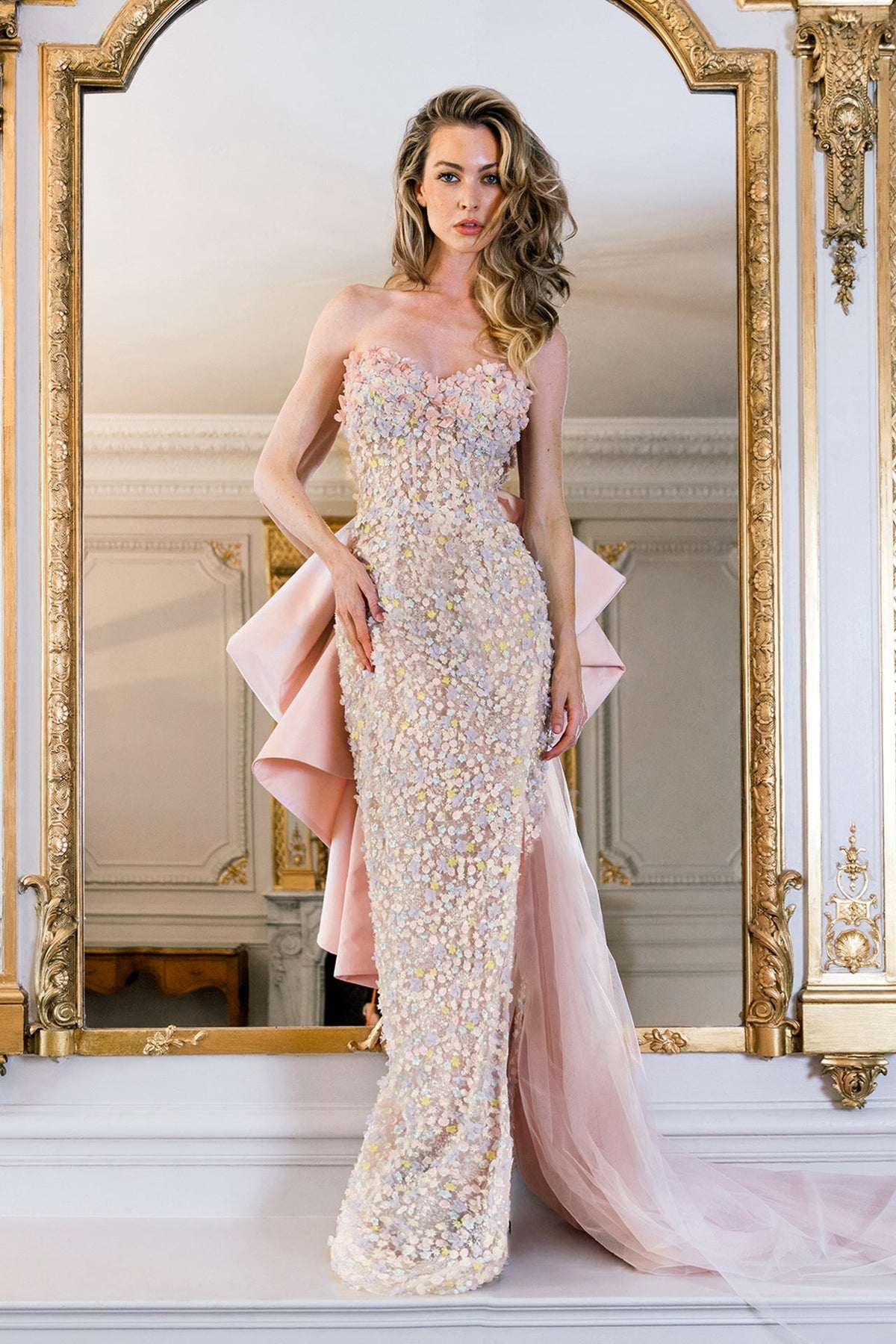 Bow-Back Floral Appliqué Gown