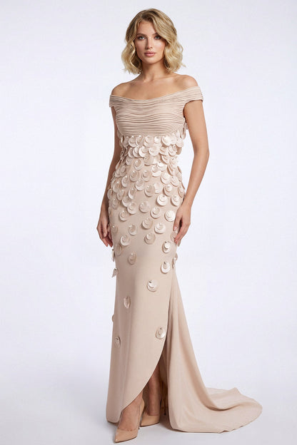 Off-Shoulder Disc Appliqué Gown