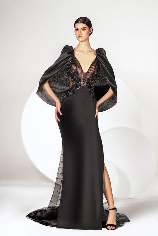 Cape Sleeves Embroidered Gown