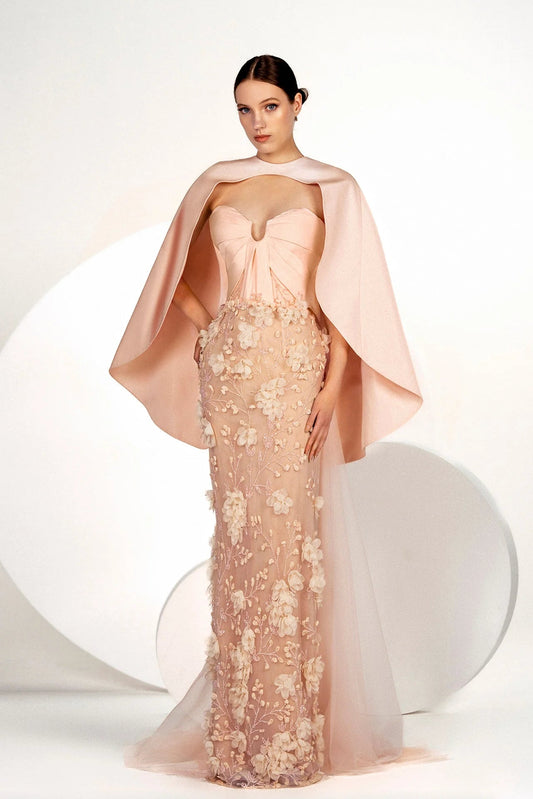 Floral Embroidered Gown with Cape