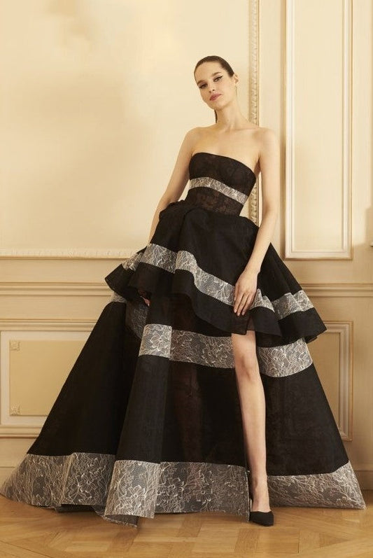 Strapless Ruffled High Slit Lace Gown