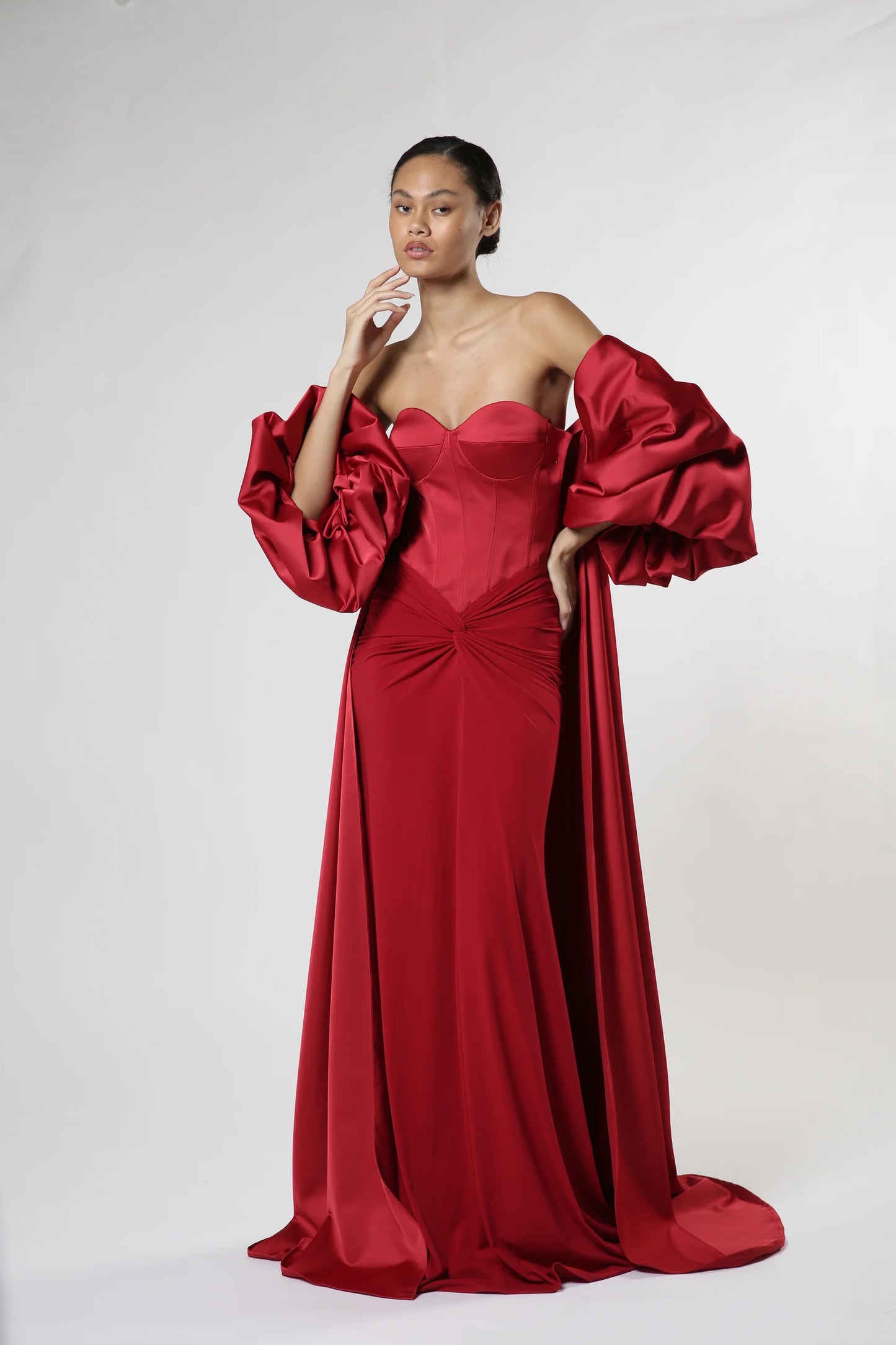 Strapless Gown with Puffy Sleeve Cape
