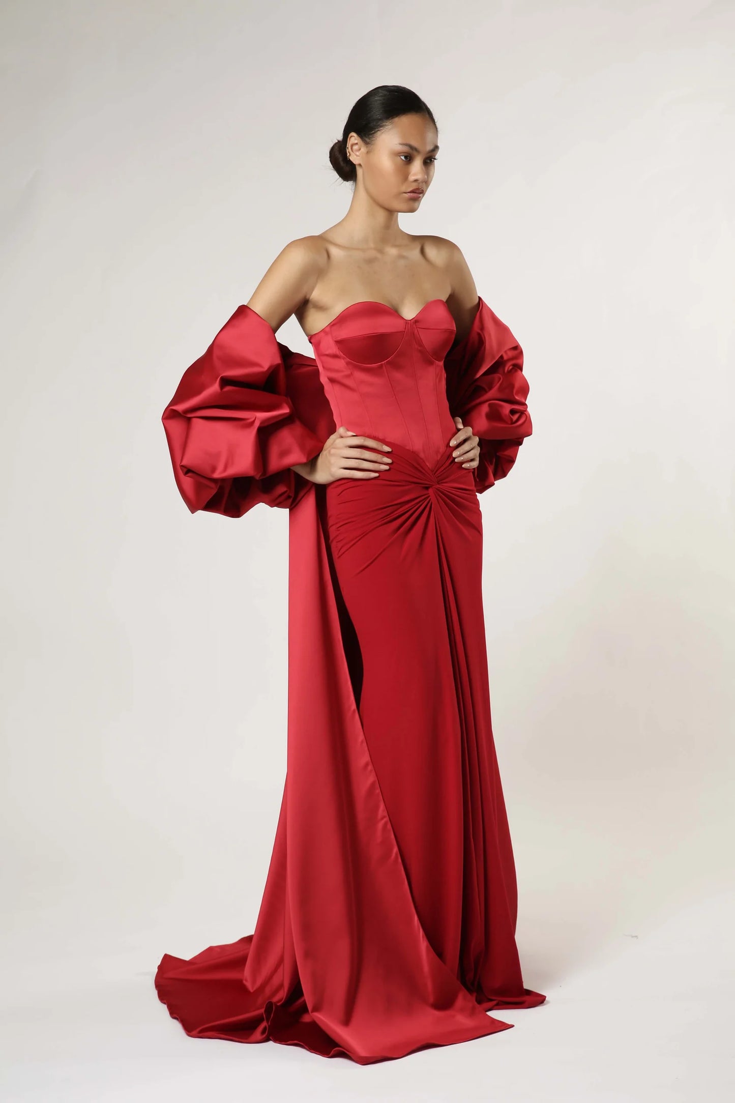 Strapless Gown with Puffy Sleeve Cape