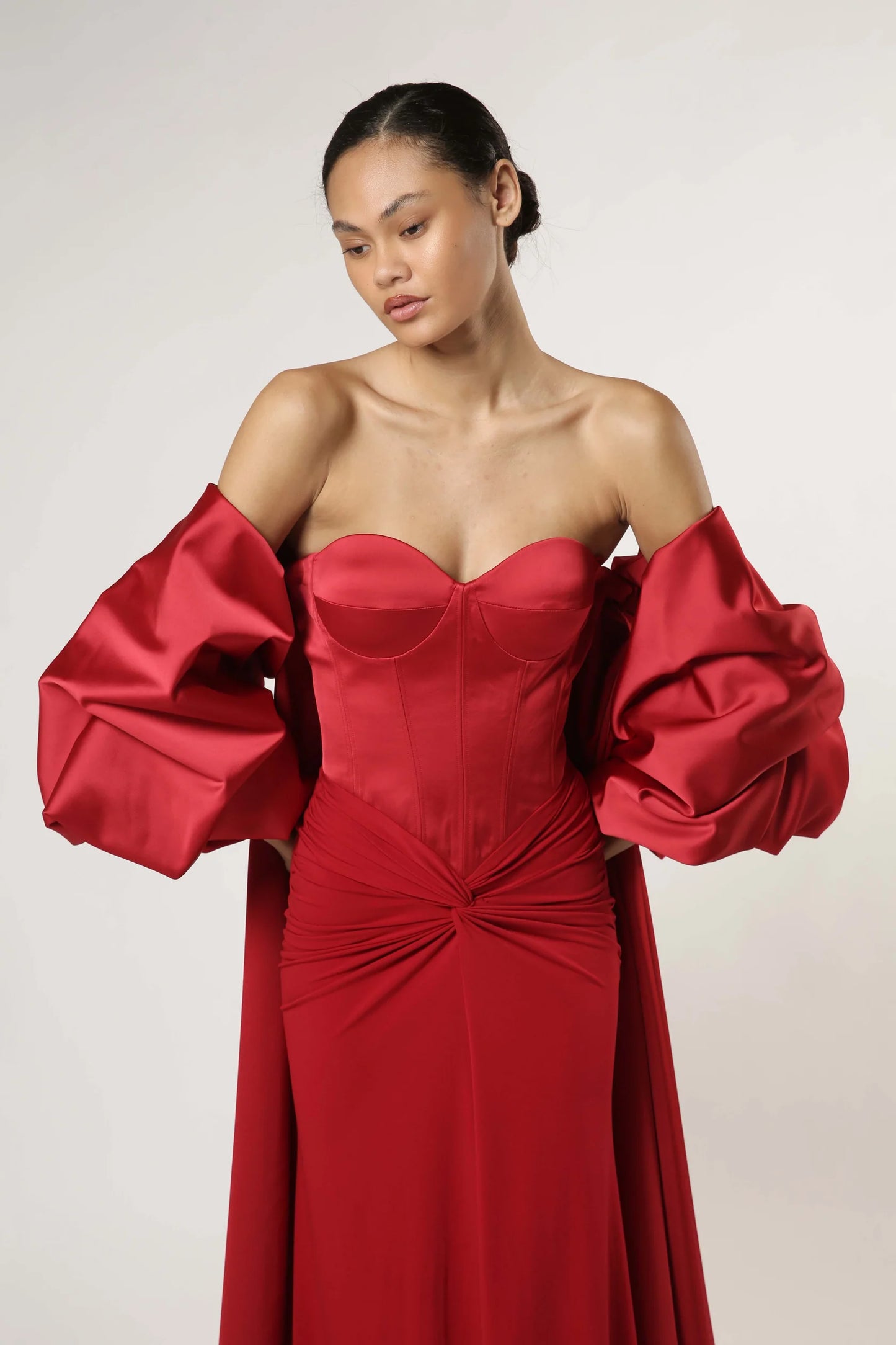 Strapless Gown with Puffy Sleeve Cape