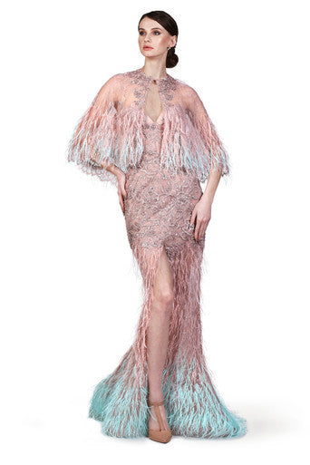 Feathered Slit Gown with Cape
