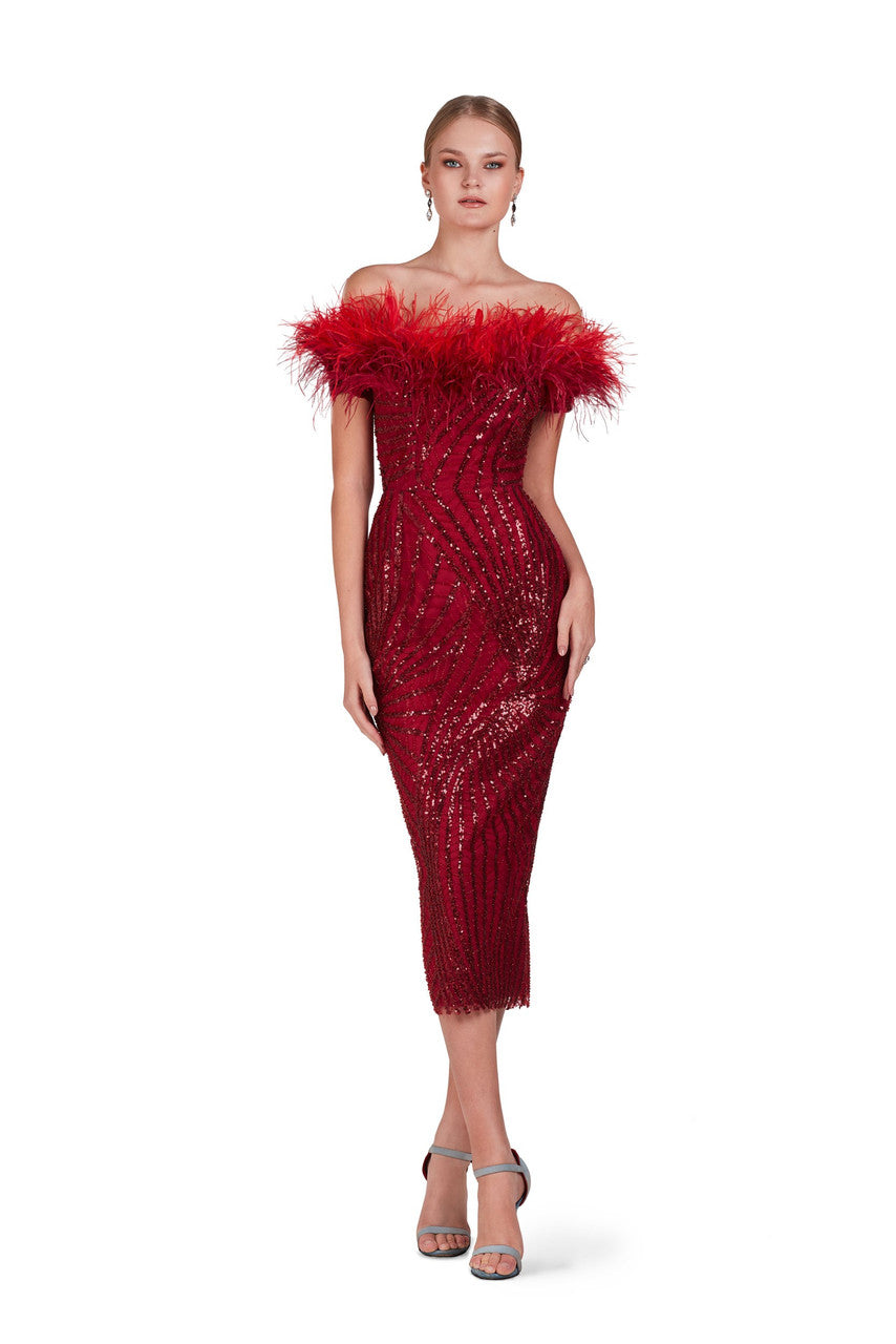 Off-Shoulder Dress with Ombré Feathers
