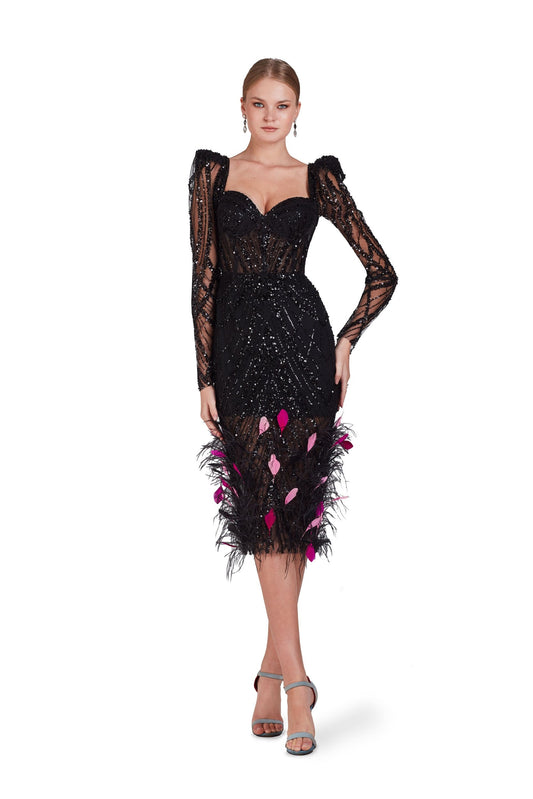 Long Sleeve Beaded Dress with Feathers