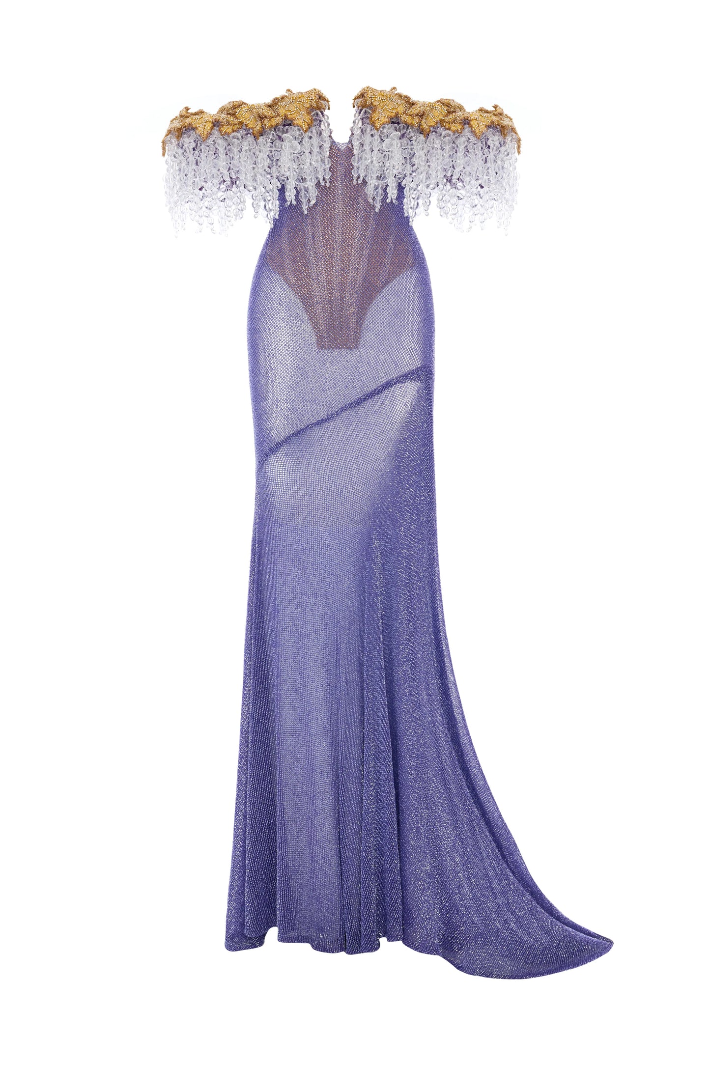 Embroidered Net Off Shoulder Gown