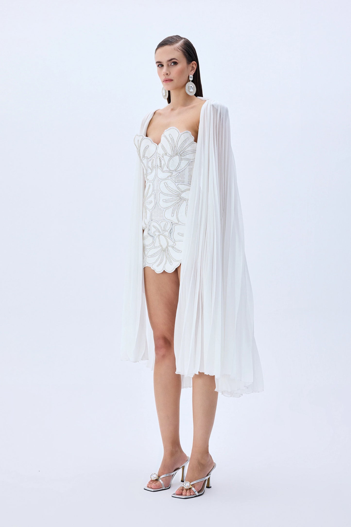 Flower Embroidered Lace Mini Dress with Cape