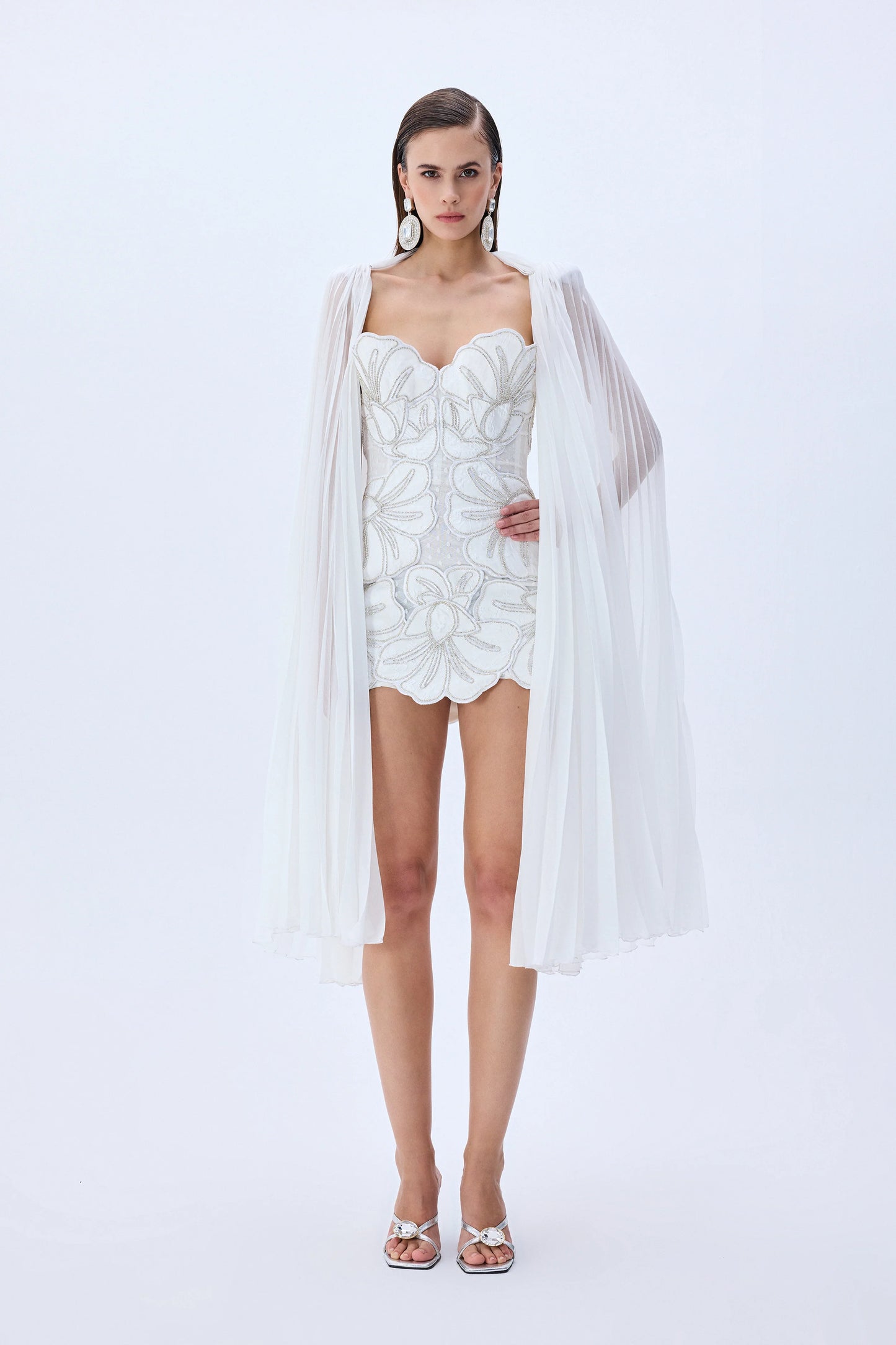 Flower Embroidered Lace Mini Dress with Cape