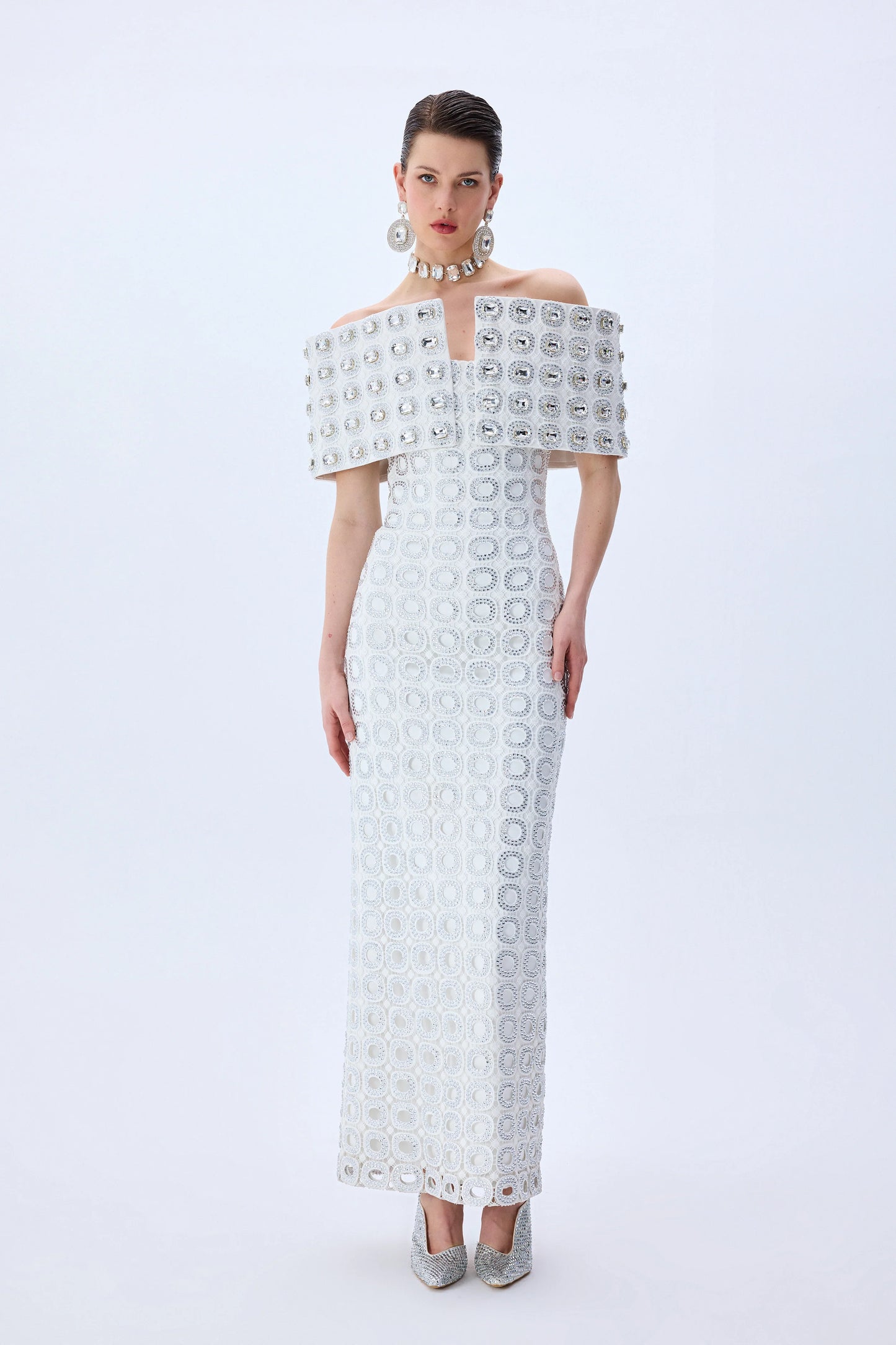 White Circular Brode Crystal Stoned Gown