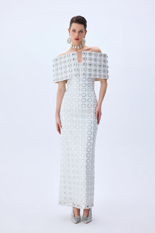 White Circular Brode Crystal Stoned Gown