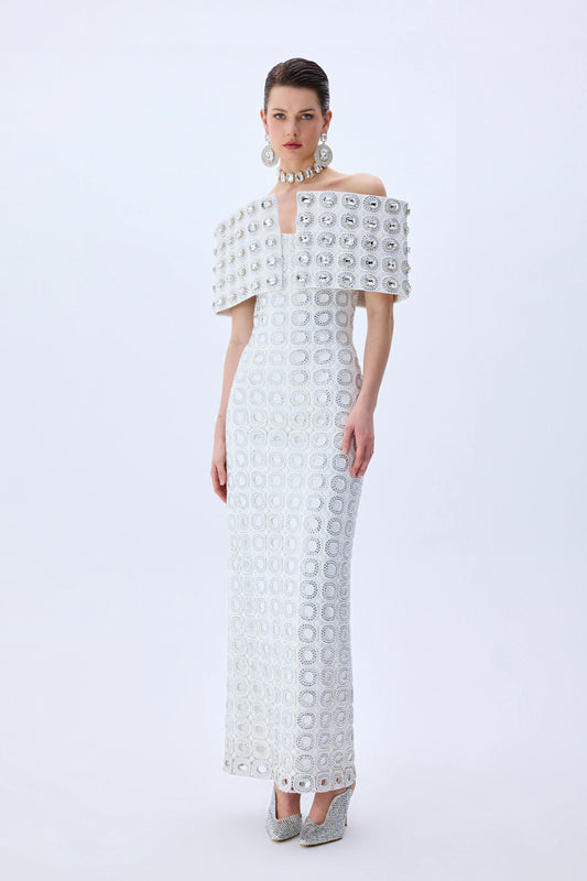 White Circular Brode Crystal Stoned Gown