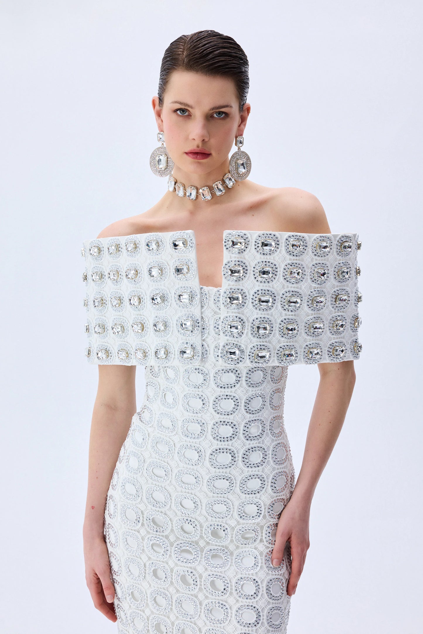 White Circular Brode Crystal Stoned Gown