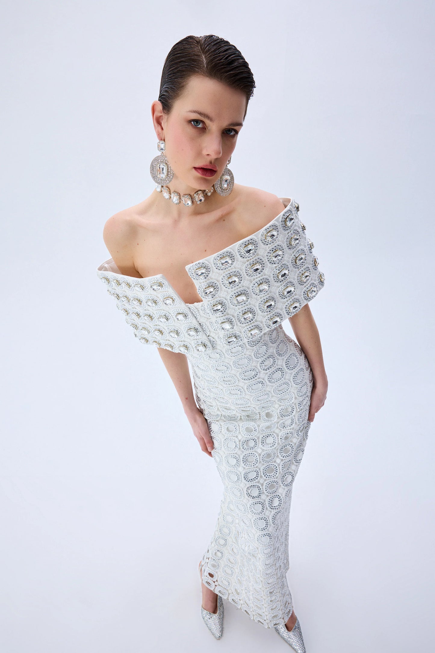 White Circular Brode Crystal Stoned Gown
