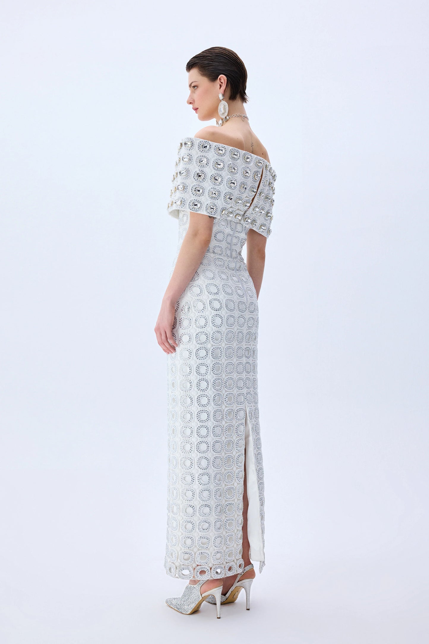 White Circular Brode Crystal Stoned Gown