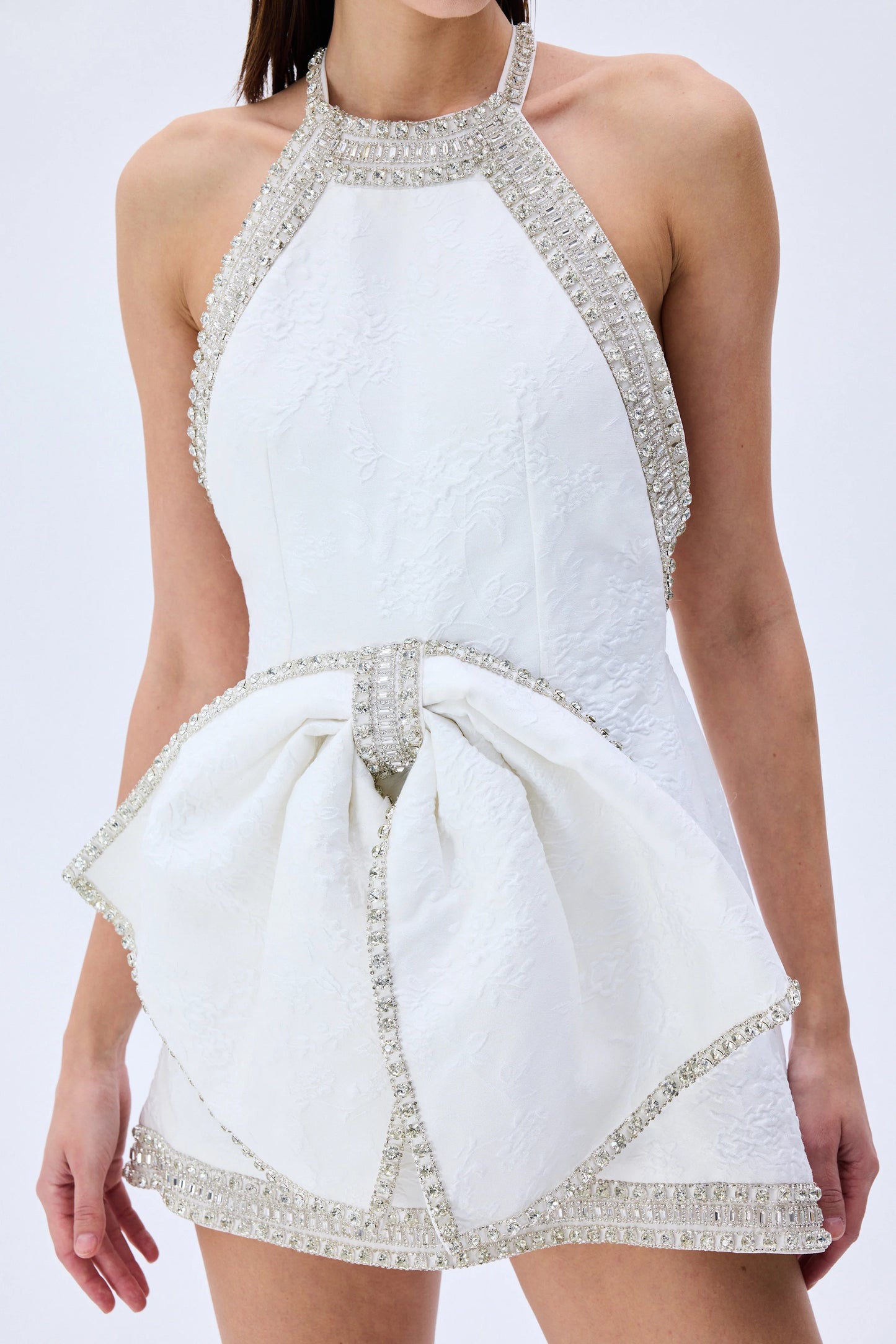 White Floral Jacquard Halter Mini Dress