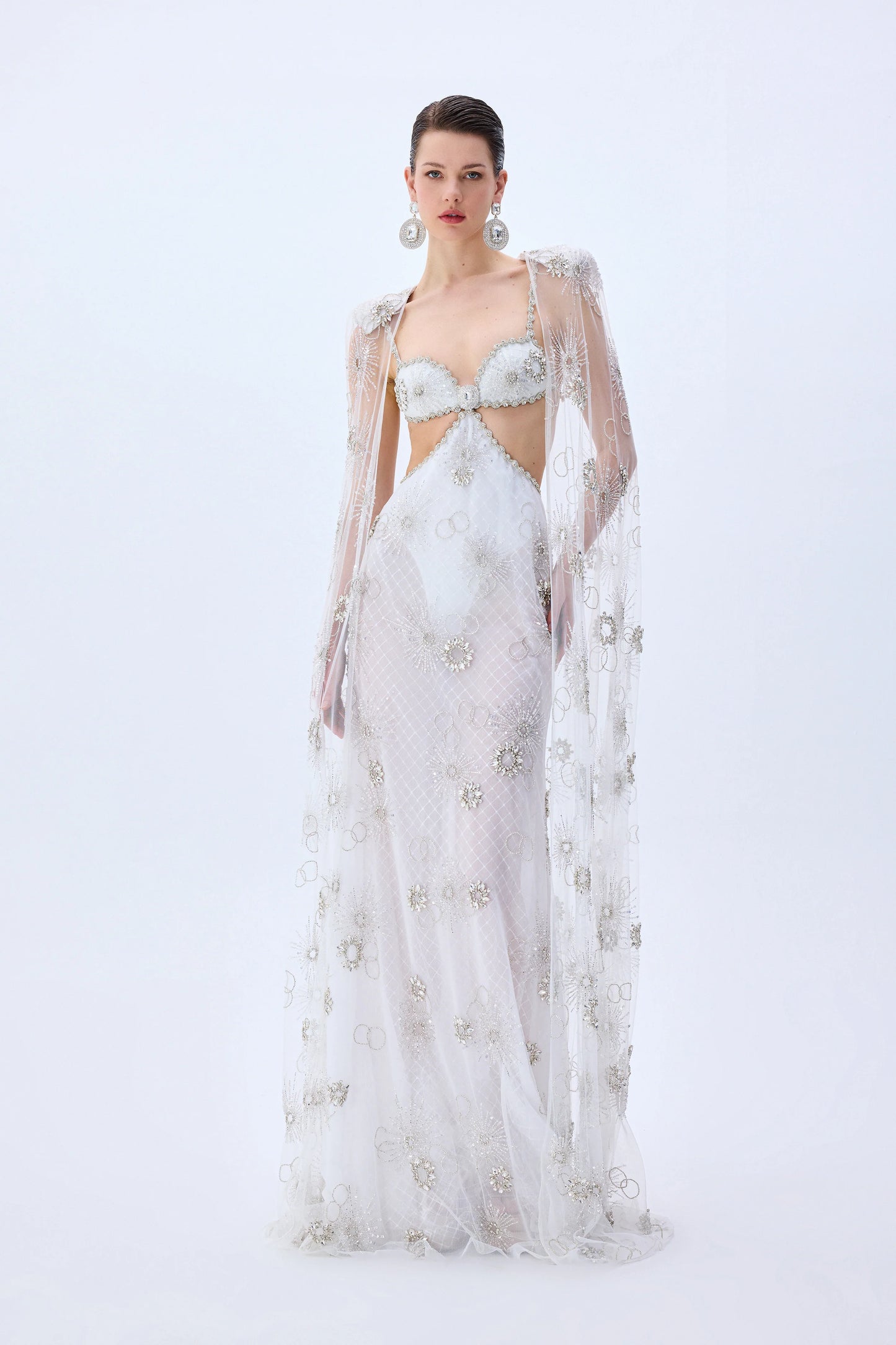 Crystal Embroidered Tulle Cut Out Gown
