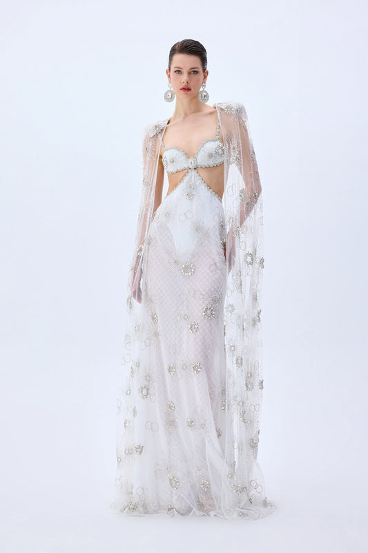 Crystal Embroidered Tulle Cut Out Gown