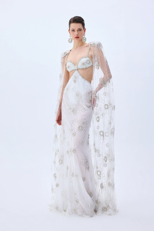 Crystal Embroidered Tulle Cut Out Gown