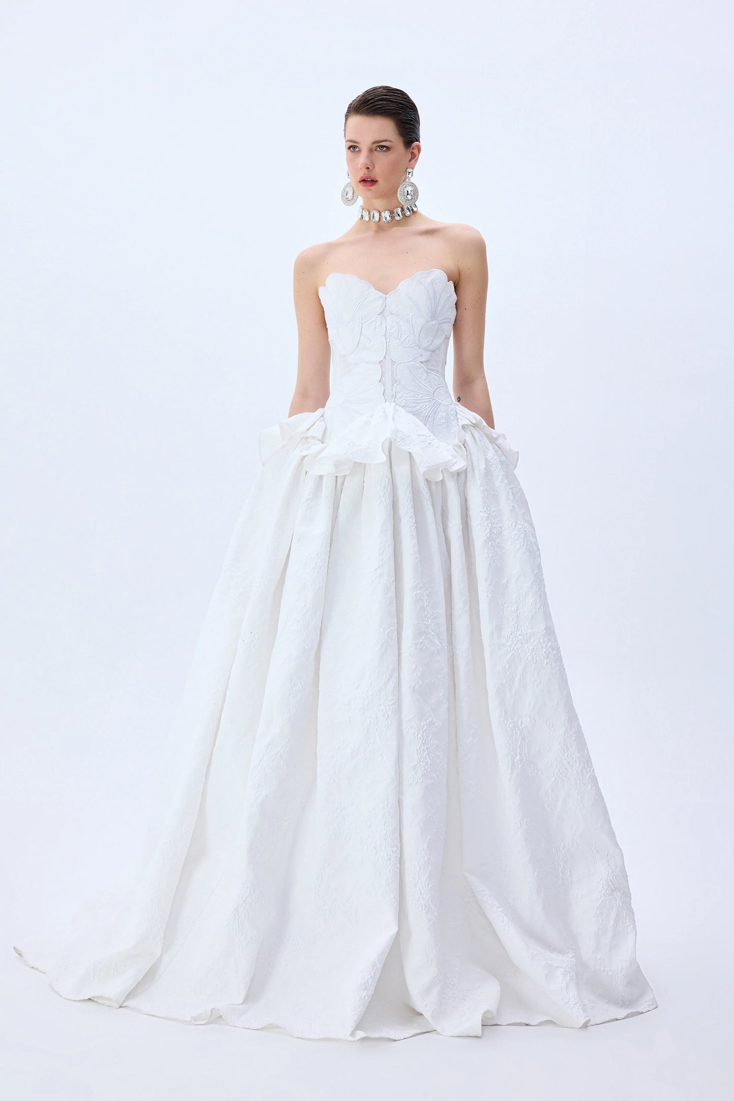 White Floral Jacquard Ball Gown