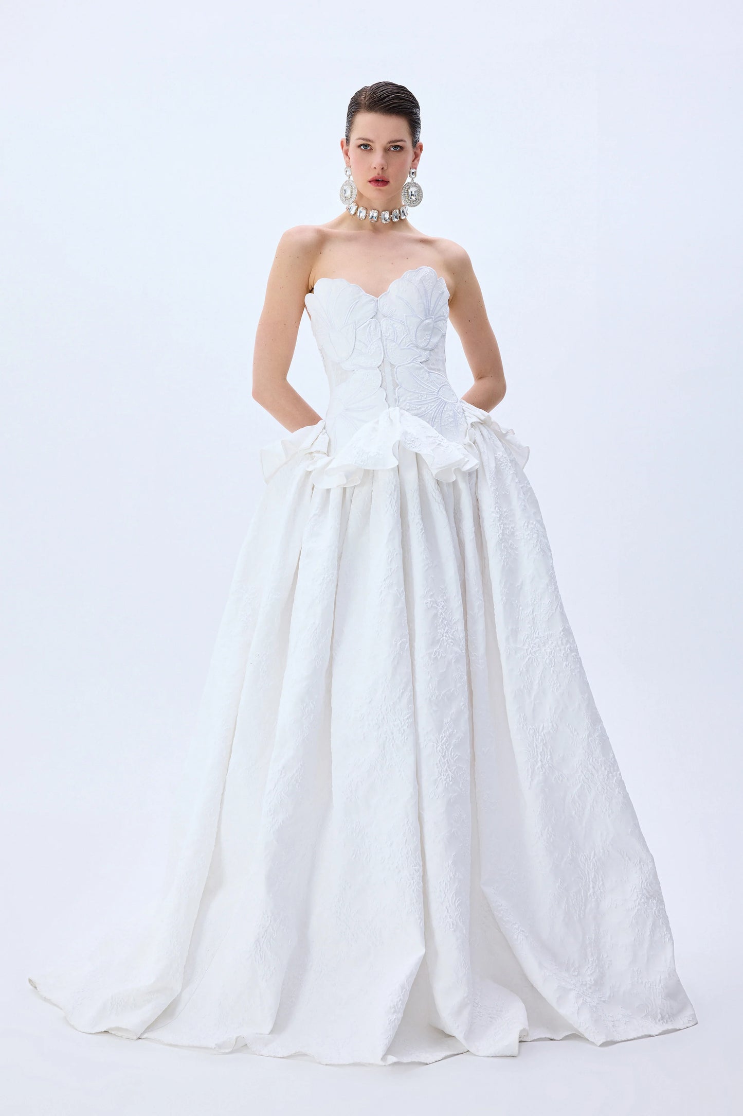 White Floral Jacquard Ball Gown
