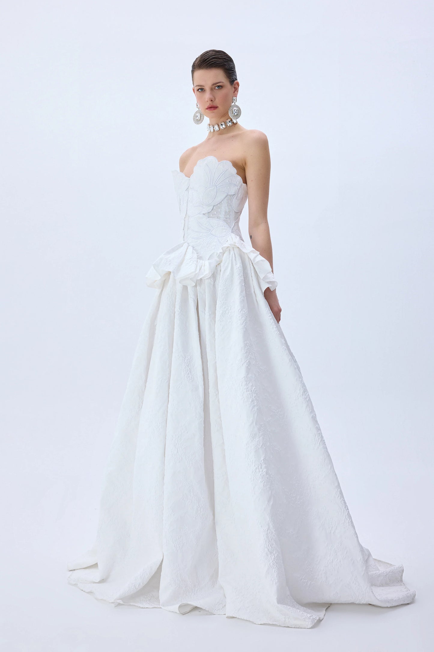 White Floral Jacquard Ball Gown