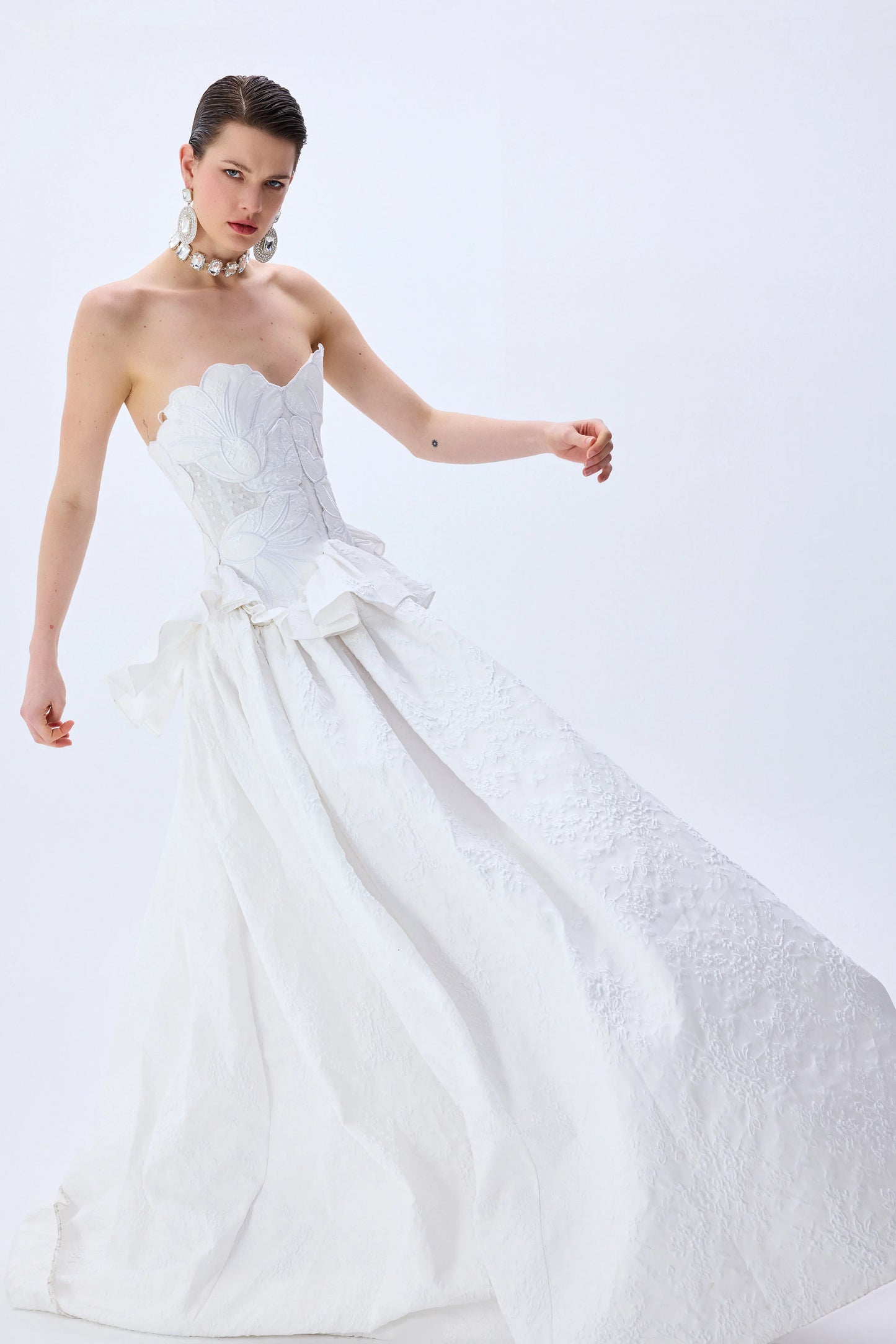 White Floral Jacquard Ball Gown