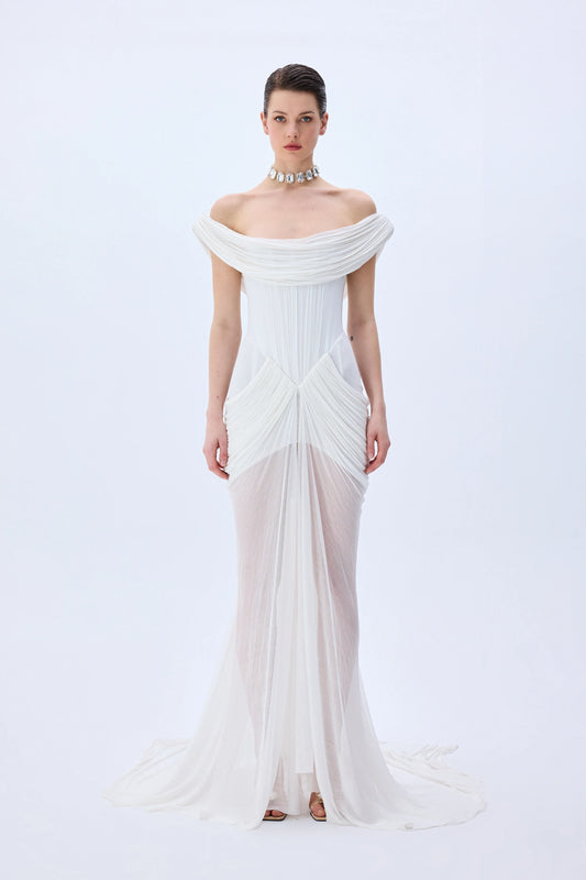 Silk Tulle Cowl Neckline Structural Dress