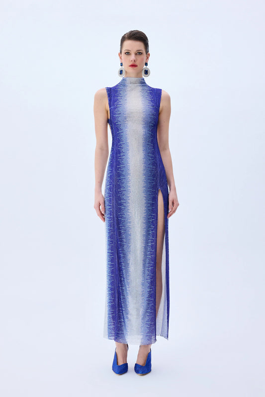 White And Blue Gradient Tulle Midi Dress