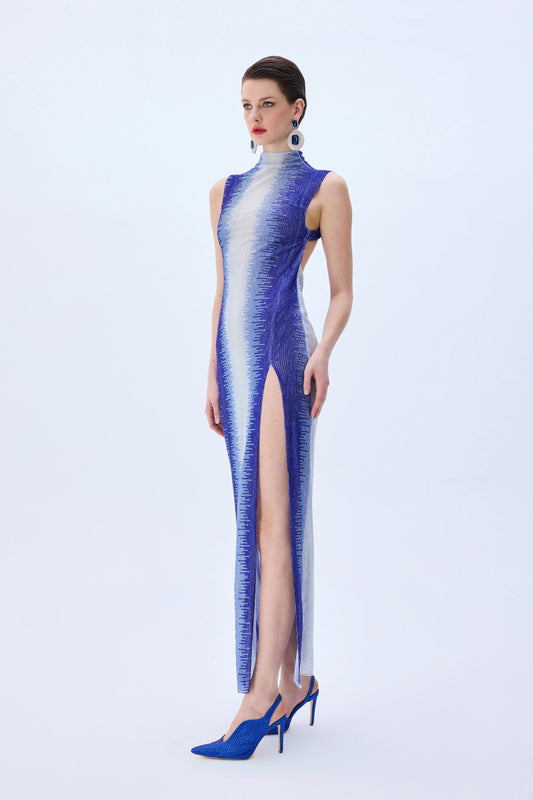 White And Blue Gradient Tulle Midi Dress