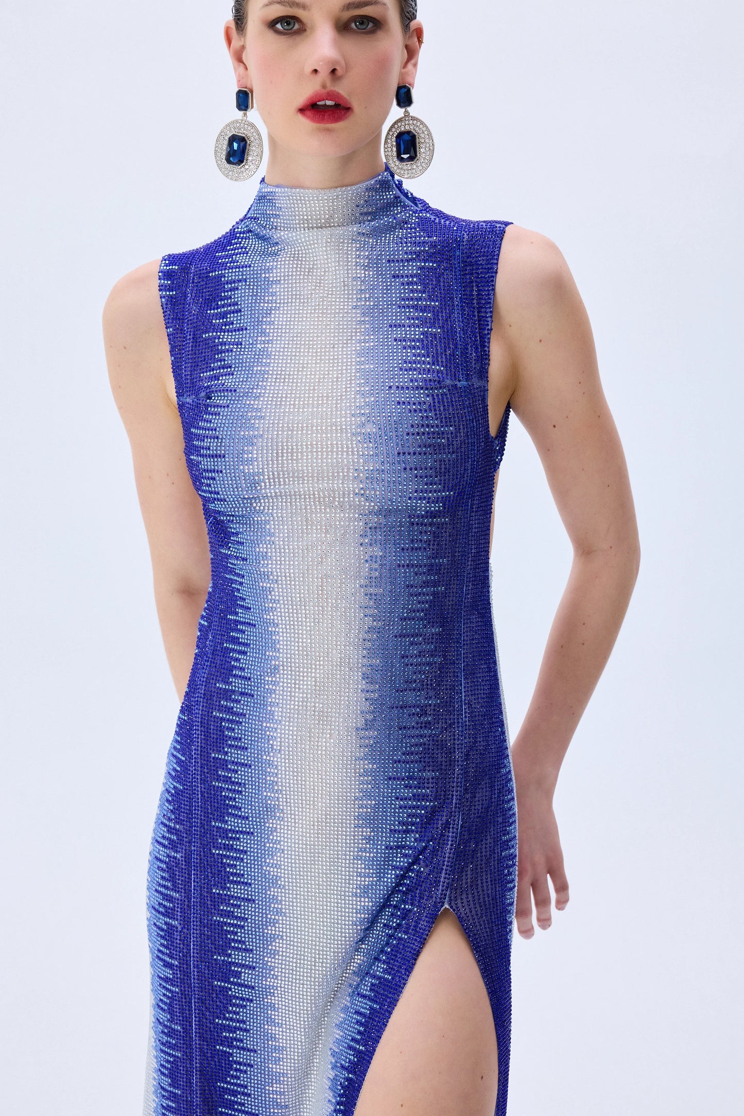 White And Blue Gradient Tulle Midi Dress