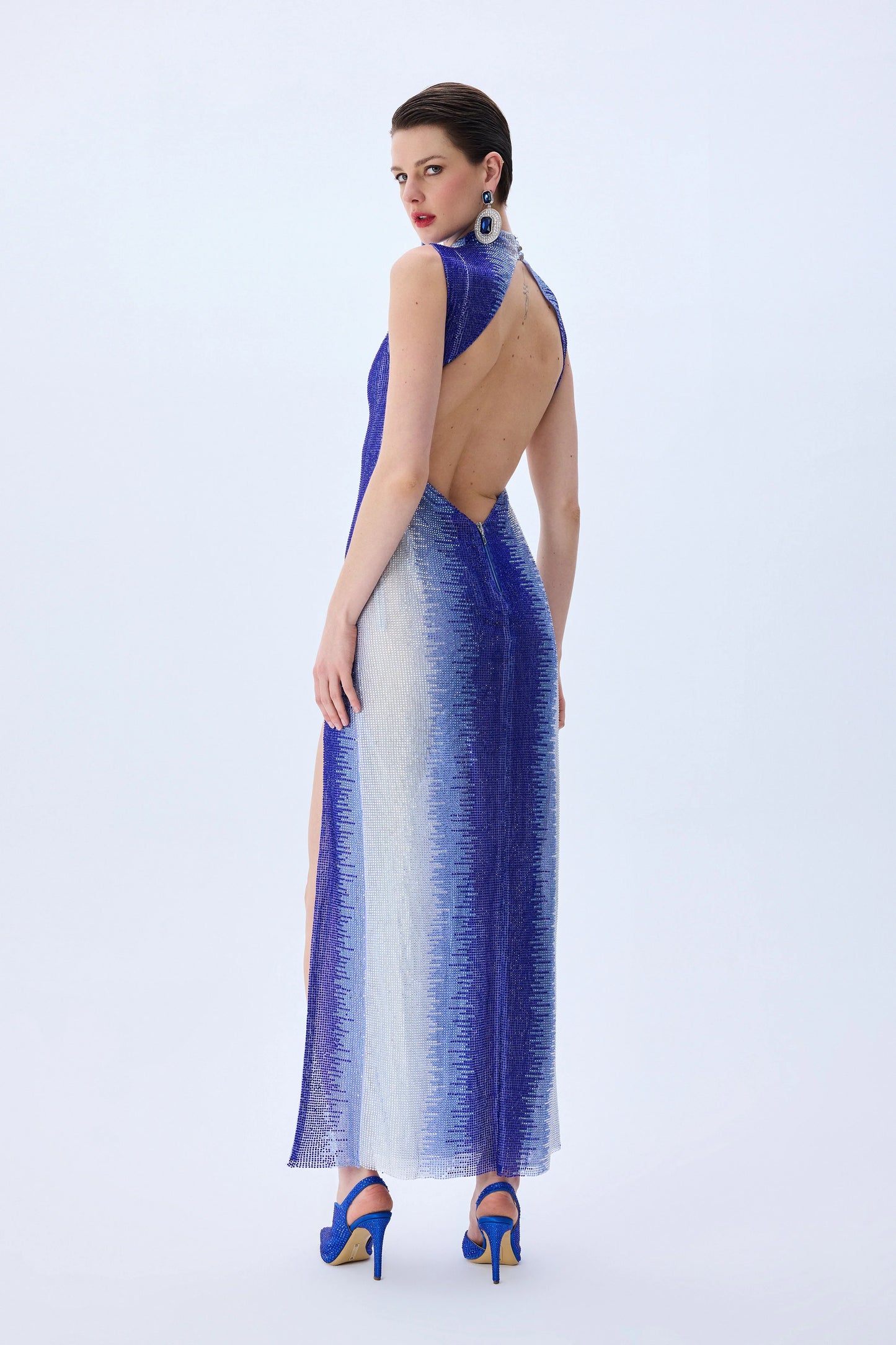 White And Blue Gradient Tulle Midi Dress