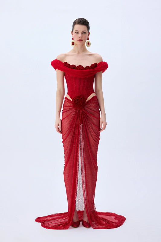 Red Corseted Cowl Neckline Gown