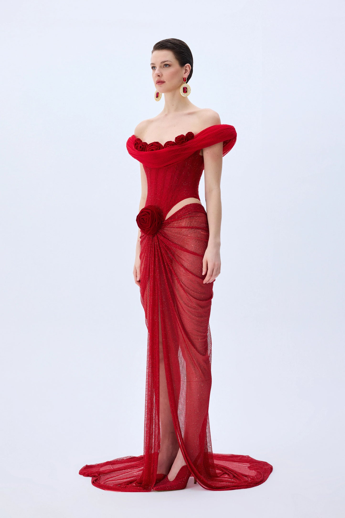 Red Corseted Cowl Neckline Gown
