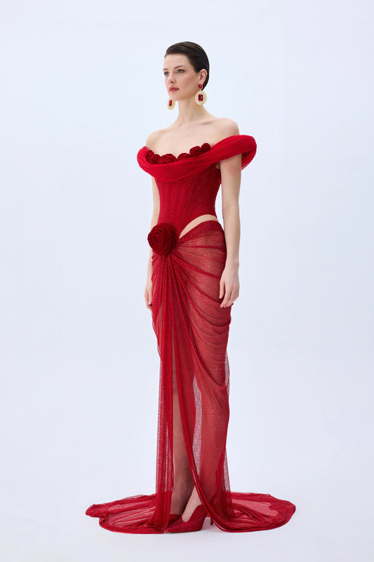 Red Corseted Cowl Neckline Gown