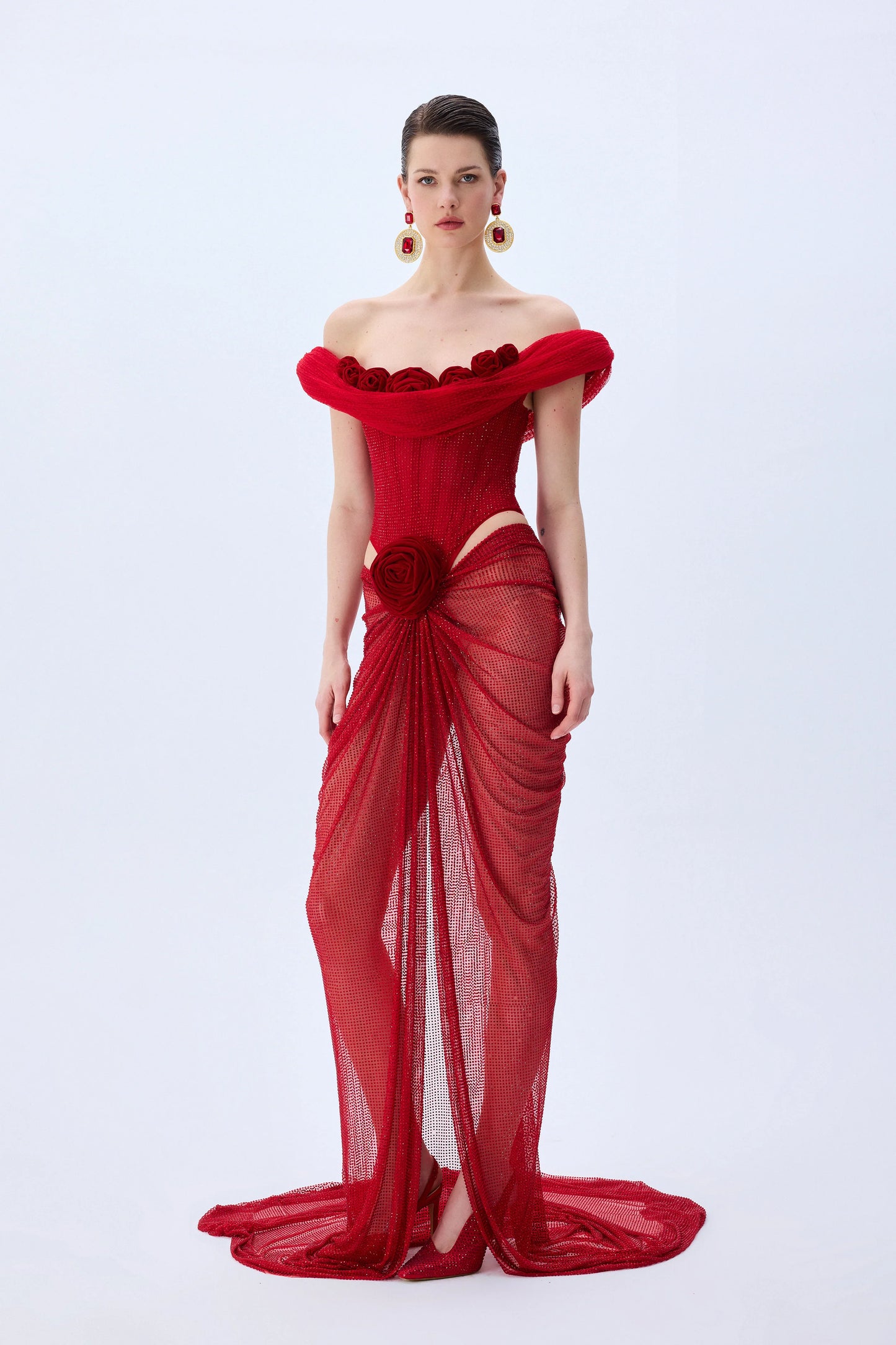 Red Corseted Cowl Neckline Gown