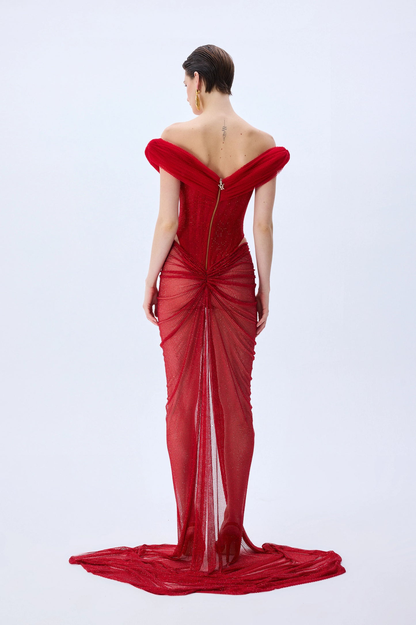 Red Corseted Cowl Neckline Gown