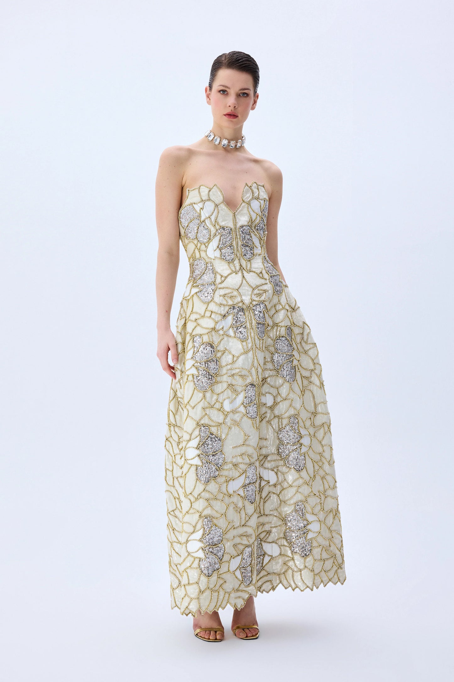 Crystal Chain And Sequin Embroidered Midi Gown