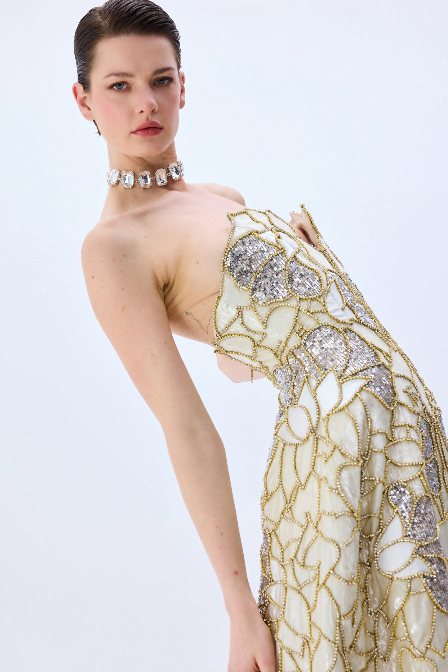 Crystal Chain And Sequin Embroidered Midi Gown