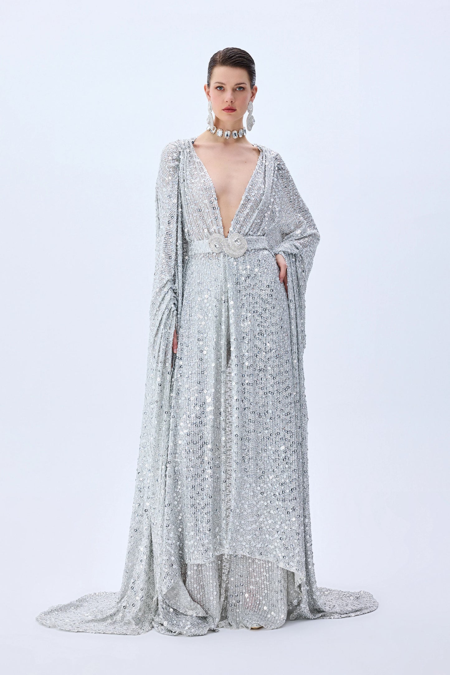 Chiffon Silver Fully Sequined Wide Leg Pants