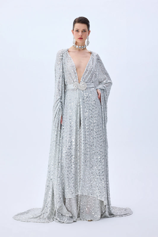 Chiffon Silver Fully Sequined Wide Leg Pants