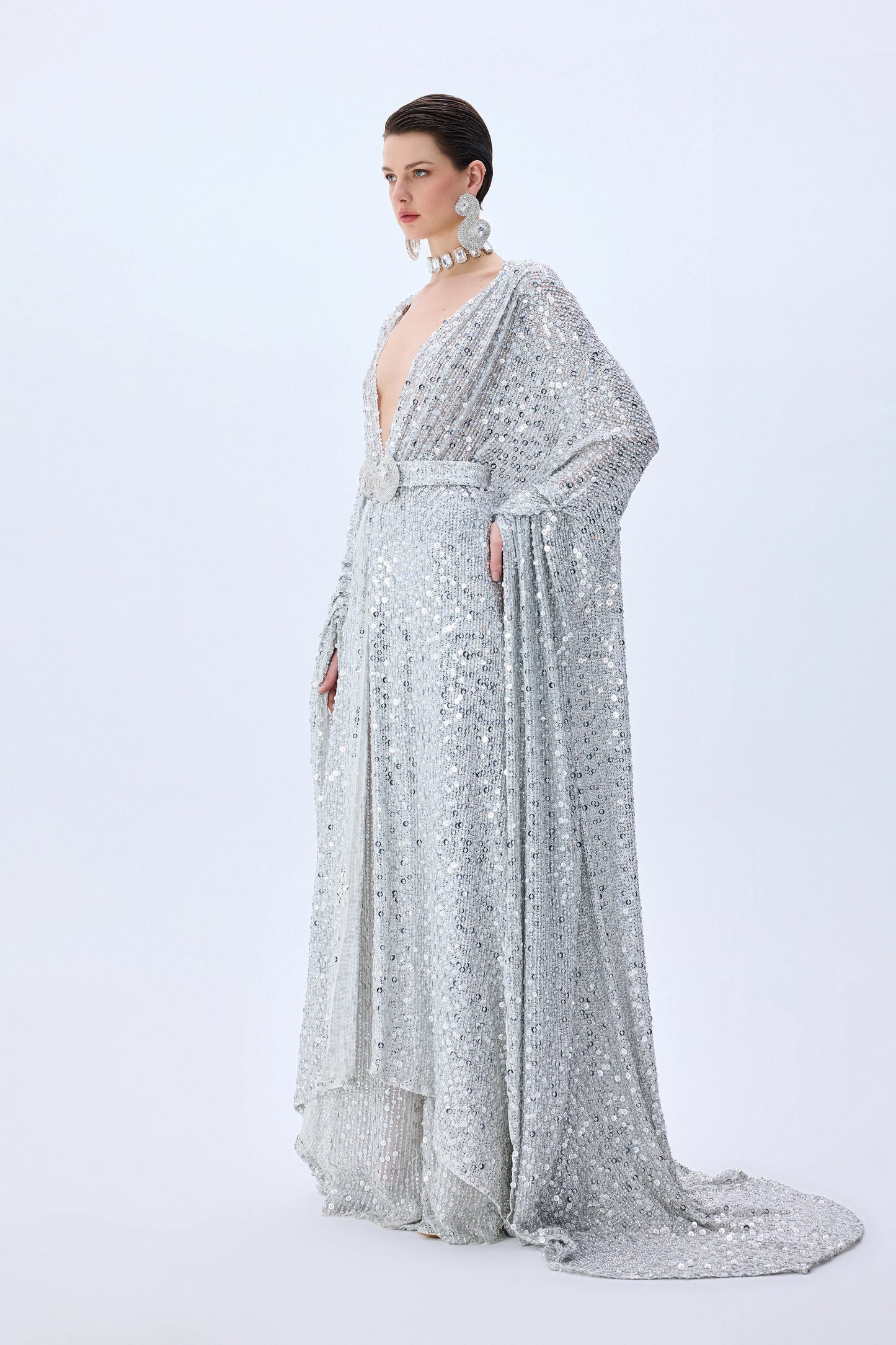 Chiffon Silver Fully Sequined Kaftan