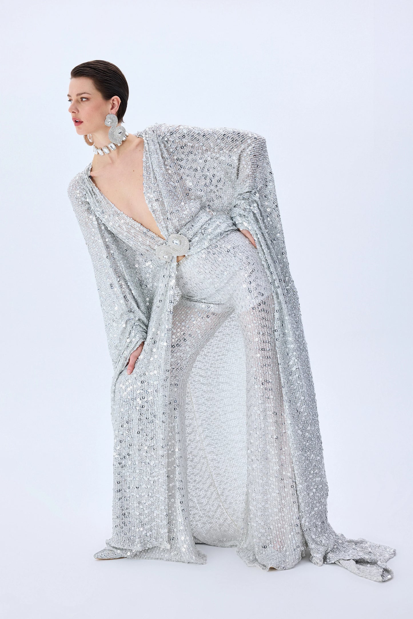 Chiffon Silver Fully Sequined Wide Leg Pants