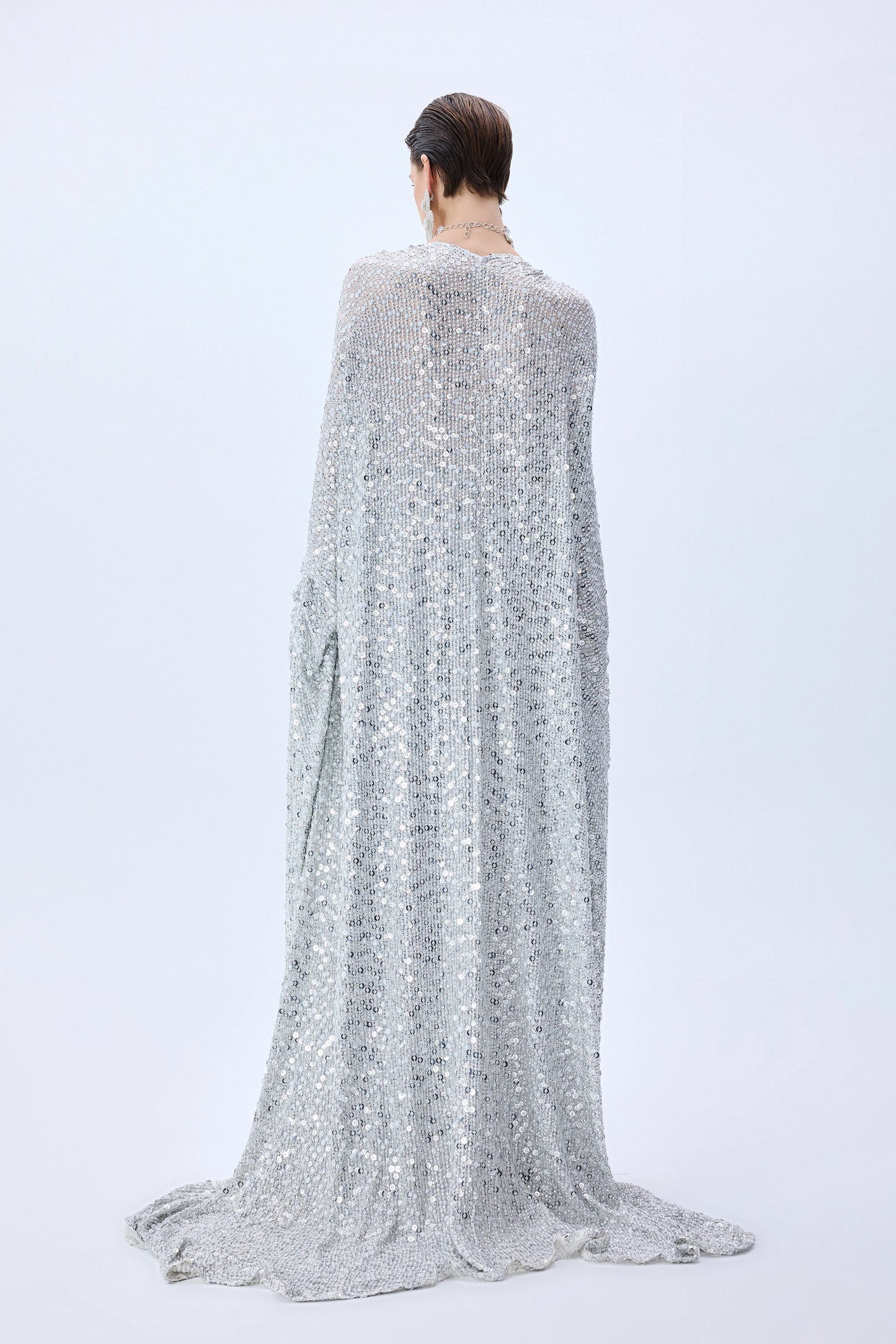 Chiffon Silver Fully Sequined Kaftan